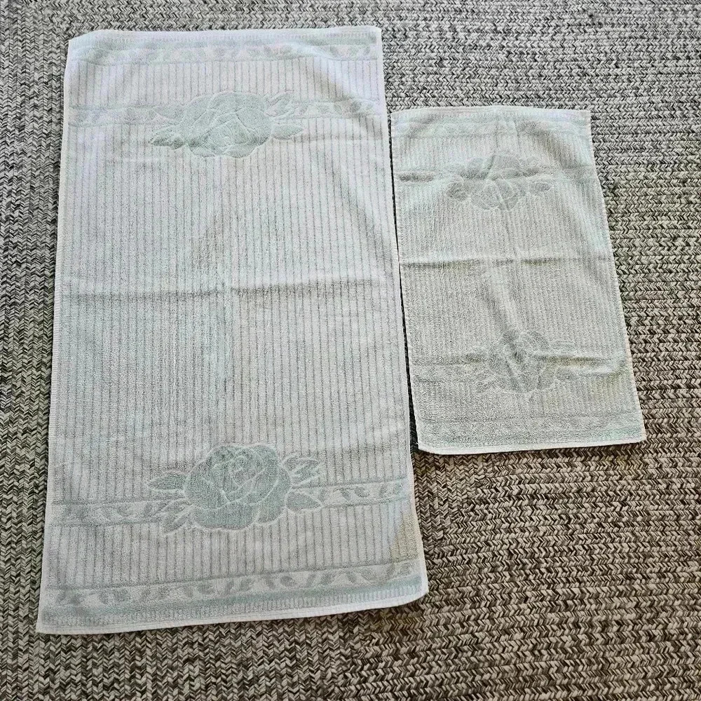 Cannon‎ Bath & Hand Towel Royal Family Retro Mod Flowers Mint Green USA Vintage